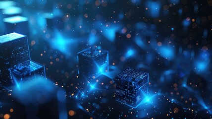 Poster - This abstract technology background features glowing blue cubes amidst sparkling particles, creating a futuristic and dimensional atmosphere ideal for digital projects.