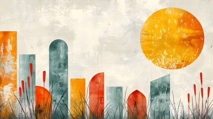 Poster - Abstract cityscape with vibrant colors and textured design.