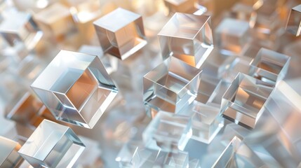 Poster - This image features transparent cubes set against a soft background, creating a dynamic 3D effect. Ideal for showcasing modern design concepts and technology themes.