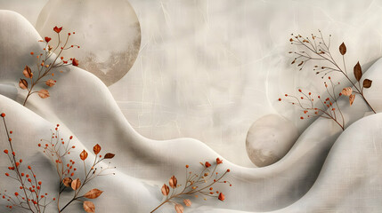 Poster - Muted tones and abstract shapes with delicate botanical elements.