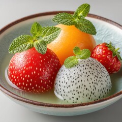 Poster - Close up of a refreshing fruit salad with mint garnish served in a bowl