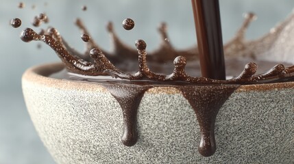 Poster - Close up of chocolate being poured into a ceramic bowl creating a splash