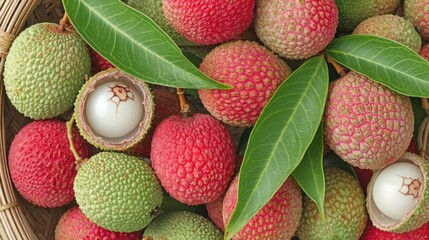 Poster - Close up of fresh lychee fruits with green leaves in a wicker basket