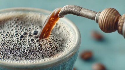 Poster - Close up shot of coffee pouring into a blue ceramic mug from a metal nozzle
