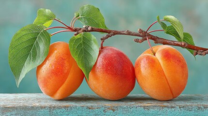 Poster - Close up of ripe apricots on a branch with green leaves on a wooden surface