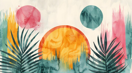 Poster - Abstract art piece featuring vibrant colors and tropical leaves.