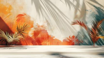 Poster - Stylish backdrop featuring painted wall and tropical leaves.