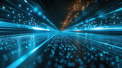 Poster - A mesmerizing abstract image featuring blue light trails against a dark background, evoking a sense of motion and depth. Ideal for technology and artistic themes.