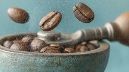 Aufkleber - Close-up of coffee beans falling into a grinder against a teal background