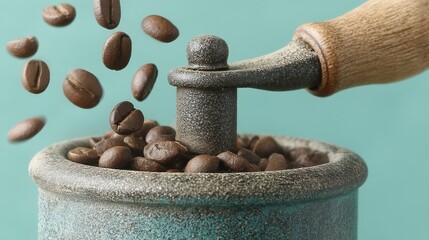 Poster - Close-up of coffee beans falling into a vintage manual grinder with wooden handle