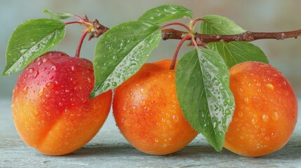 Poster - Close-up of fresh apricots with water droplets on a branch with green leaves.