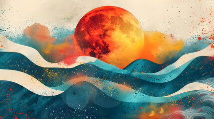 Poster - Abstract artwork of a celestial body above wavy seas.