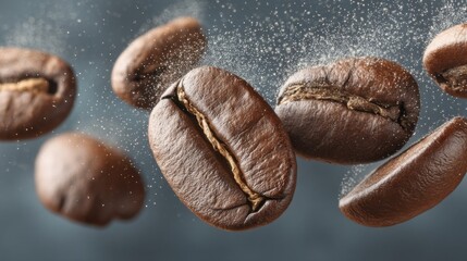 Poster - Close-up of roasted coffee beans with glistening particles against a blue background