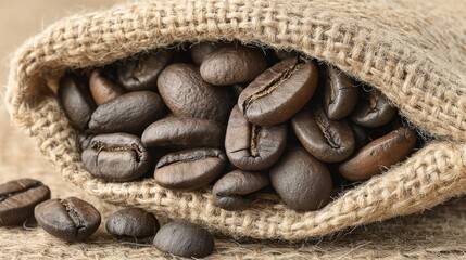 Poster - Close-up shot of roasted coffee beans spilling from a burlap sack on a surface