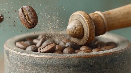 Poster - Coffee beans being ground in a wooden mortar creating fresh coffee grounds