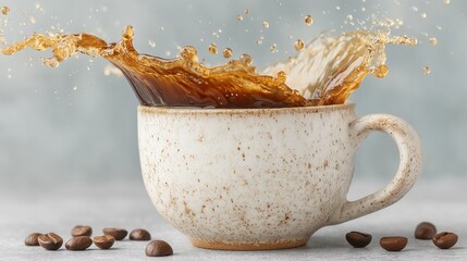 Poster - Coffee cup with splash and beans on a light background, close-up shot