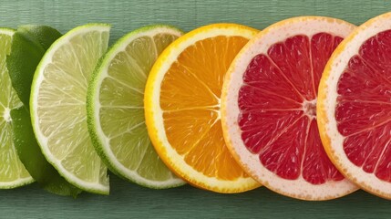 Poster - Colorful citrus fruit slices arranged in a row on a vibrant green background