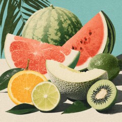 Poster - Colorful summer fruit arrangement with watermelon, orange, and refreshing vibes.