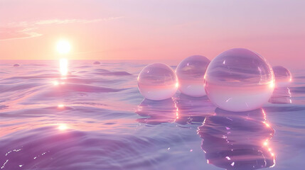 Poster - Pastel spheres float on a tranquil, pink sunrise sea.