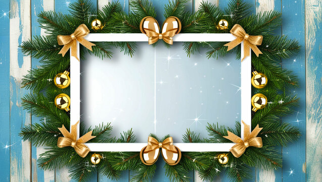 Christmas Greeting Frame – Shiny Ornaments & Pine Branches Border on Distressed Blue Wood