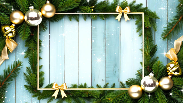 Elegant Holiday Border – Gold Decorated Pine Frame with Sparkles for Christmas Cards