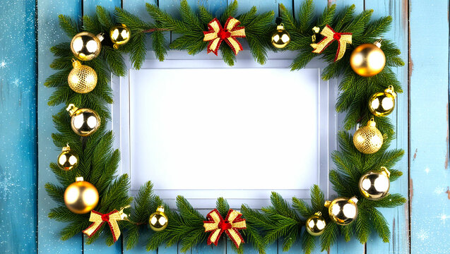 Festive Christmas Photo Frame – Pine Branches & Golden Ornaments on Rustic Blue Wood