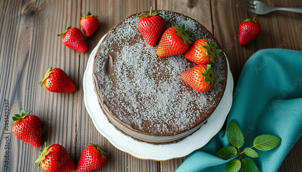 chocolate cake with strawberries - top view Stock Photo | Adobe Stock