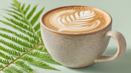 Poster - Delicious latte art in a ceramic mug with a fern leaf on a light green surface