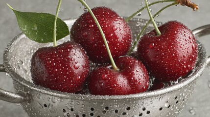Poster - Fresh cherries in a stainless steel colander with water droplets close up