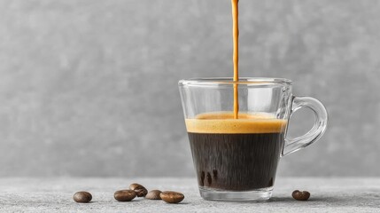 Poster - Freshly brewed espresso being poured into a glass mug with coffee beans nearby