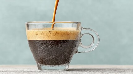 Poster - Freshly brewed espresso coffee being poured into a transparent glass cup