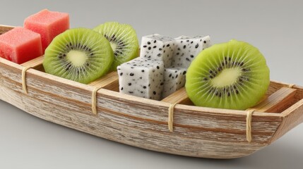 Poster - Freshly sliced kiwi, dragon fruit, and watermelon arranged in a wooden boat