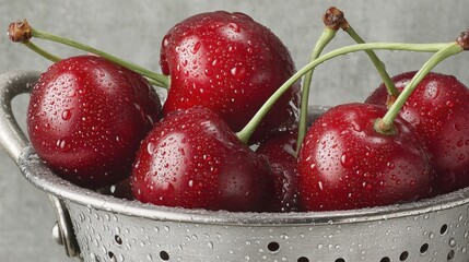 Poster - Freshly washed cherries in a metal colander, showcasing summer fruit detail