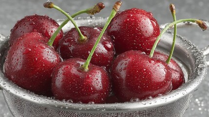 Poster - Freshly washed ripe cherries with water droplets in a metallic strainer