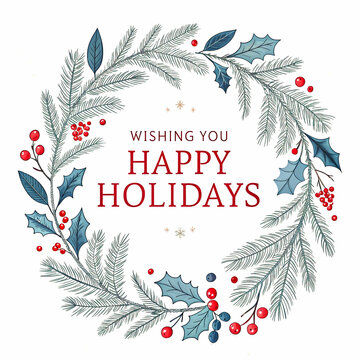 Modern Christmas Card Design – Cream Background with Circular Wreath & Festive 'Happy Holidays' Message
