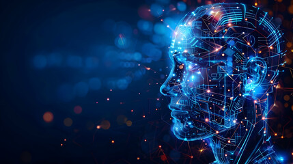 Poster - conceptual illustration of a futuristic digital human profile.