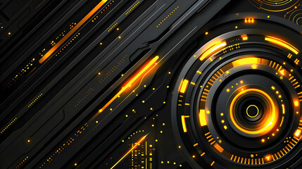 Poster - Futuristic design with glowing yellow accents and dark gray lines.