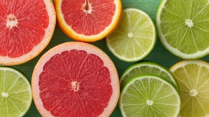 Aufkleber - Overhead shot of fresh citrus fruits slices arranged on a vibrant green surface