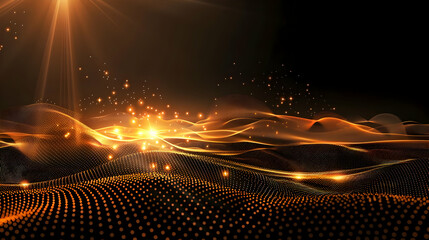 Poster - Golden, abstract landscape with luminous particles.