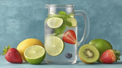 Poster - Refreshing fruit infused water in a glass pitcher with vibrant fruits