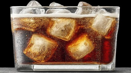 Poster - Refreshing glass of cola with ice cubes on a dark background, close up