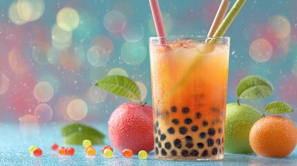 Poster - Refreshing glass of fruity bubble tea with fresh fruits on a vibrant background