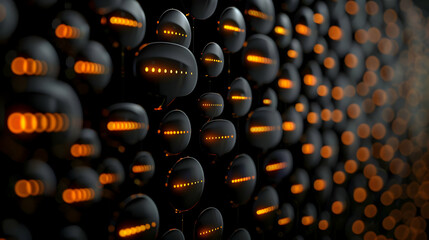 Poster - Abstract design of numerous dark spheres with orange lines.