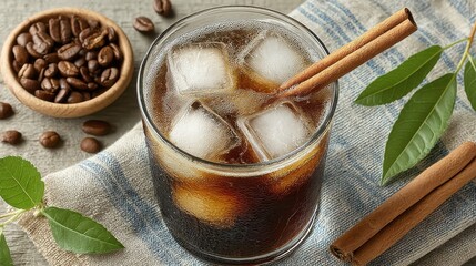 Poster - Refreshing iced coffee with cinnamon sticks and coffee beans on a wooden surface