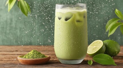 Poster - Refreshing iced matcha latte with lime, matcha powder, and ice in a glass