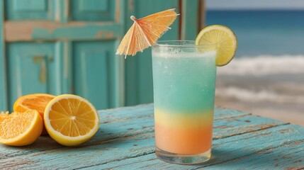 Poster - Refreshing layered cocktail with fruit slices and a beach umbrella on a table