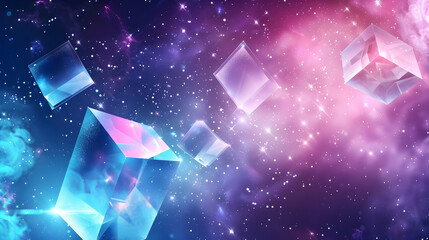 Poster - Floating, translucent cubes in a cosmic nebula background.