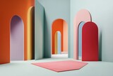 creative 3d scene with several open doors in different colors on minimalist background