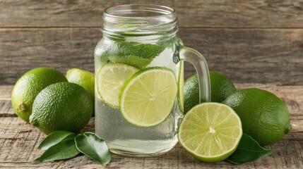 Poster - Refreshing lime infused water with fresh limes on a rustic wooden surface