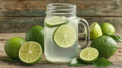 Poster - Refreshing lime-infused water in a mason jar with fresh limes on a wooden surface.